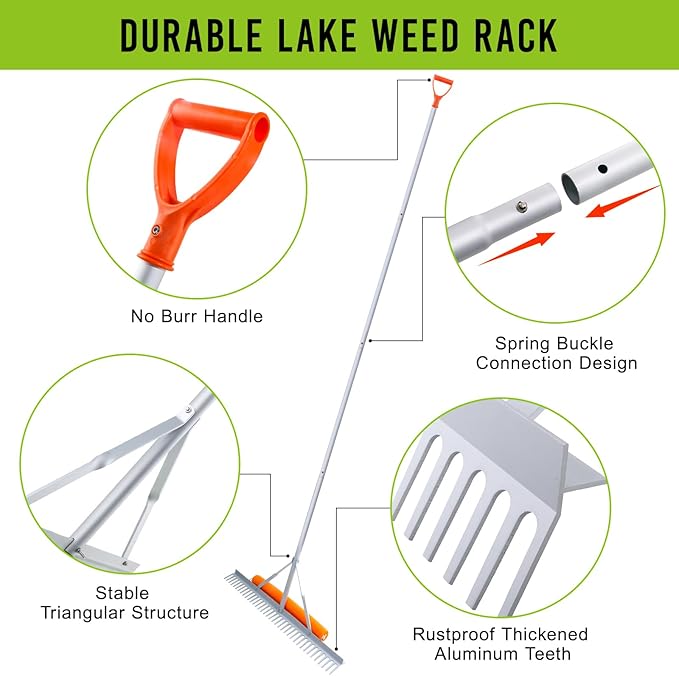 Floating Weed Lake Rake, 36 Inch Widths Pond Rake Aquatic Weed Rake, 133 Inch Extensible Multifunctional Folding Weeding Rakes, Aluminum Landscape Rakes with 49.2 FT Rope