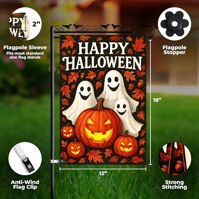 Halloween Garden Flag 12x18 Double Sided Burlap – Fall Outdoor Yard Flag with Pumpkins and Ghosts, Durable Seasonal Decoration