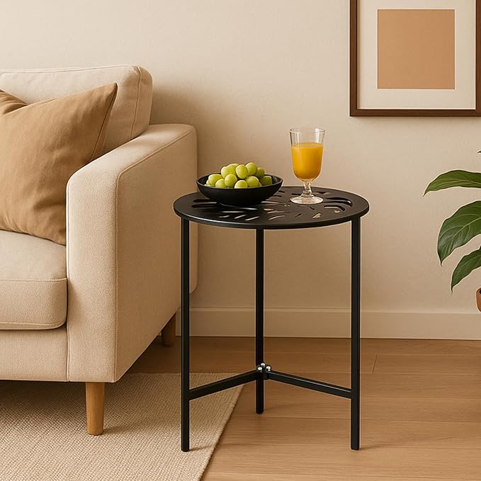 2 Packs 13" Metal Outdoor Side Tables Small Black Outside End Table for Patio Round Accent Corner Stand for Small Spaces Weather-Resistant Coffee Table for Balcony Porch Plant Stand, Monstera Leaf