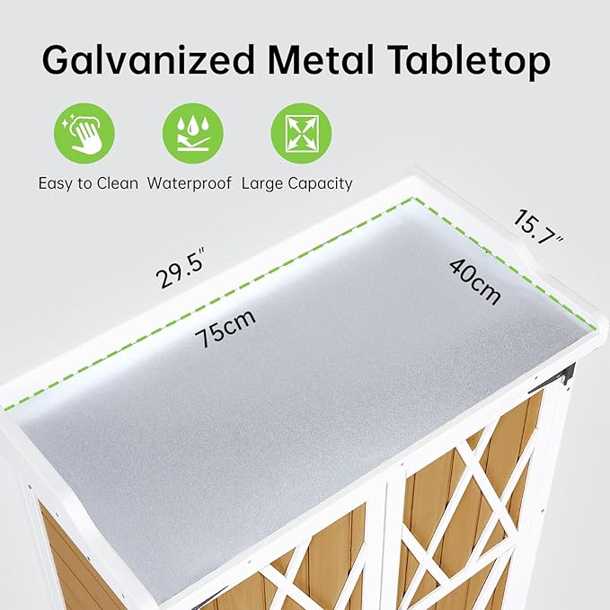 Potting Bench Outdoor Cabinet with Metal Tabletop, Wooden Storage Cabinets Weatherproof for Outside, Planting Work Benches with Adjustable Shelf, Doors for Garden Patio Lawn