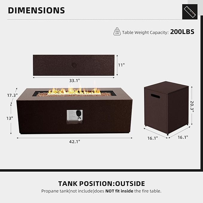 UPHA 42-inch Outdoor Propane Gas Fire Pit Table 50000 BTU Iron Rectangle Firepit for Outside Patio with Tank Hidden Table, Removable Lid, Gold Glass Rocks, Rain Cover, Brown