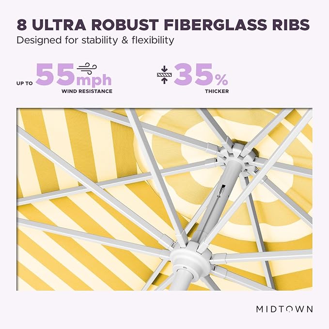 Midtown Umbrellas The Swilt 8 Feet Patio Umbrella in Terylast Sunny Stripes (White/Yellow) Polyester Fabric - Fiberglass Ribs, Auto-Tilt Aluminum Frame For Backyard, Deck, Garden, Pool - White Pole