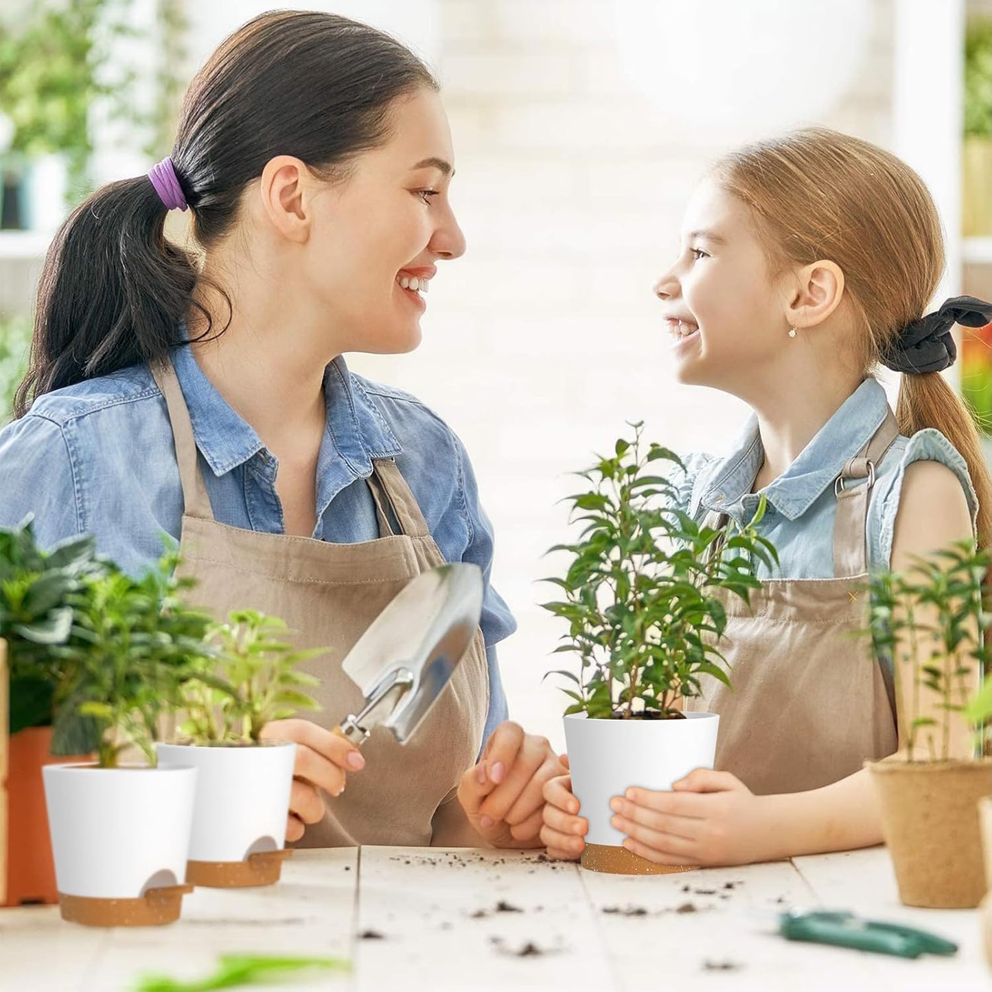 7/6.5/6/5.5/5/4 inch Self Watering Pots for Indoor Outdoor Plants, 6 Pack Plastic Flower Planters with Drainage Holes and Removable Saucers, Plant Pots with Wicking Rope, White Brown