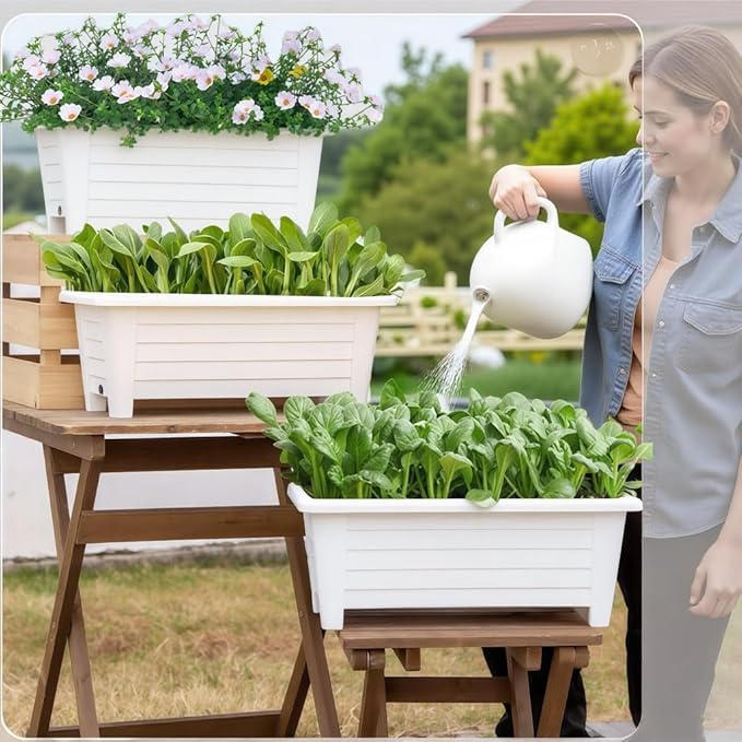 FAMZ Self Watering Planters Pots for Indoor Plants, 3 Pack 18.9 Inch Plastic Window Boxes Planters Herb Planter, Rectangle Rectangular Planter Windowsill Planters with Drainage and Saucer (White)