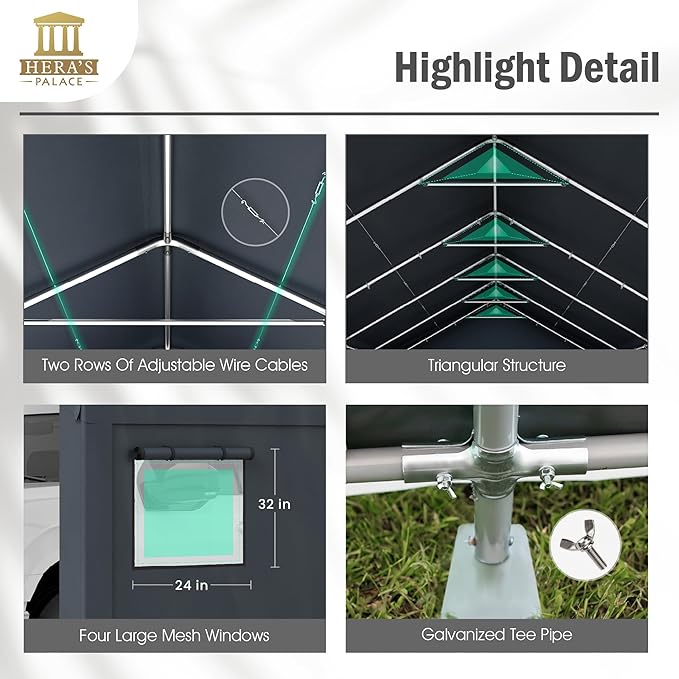 HERA'S PALACE Heavy Duty Storage Shed Outdoor Portable Car Canopy Carport Garage with 2 Rolled up Zipper Doors UV Resistant Waterproof Anti-Snow for Motorcycle Truck (Dark Gray, 13x24ft)