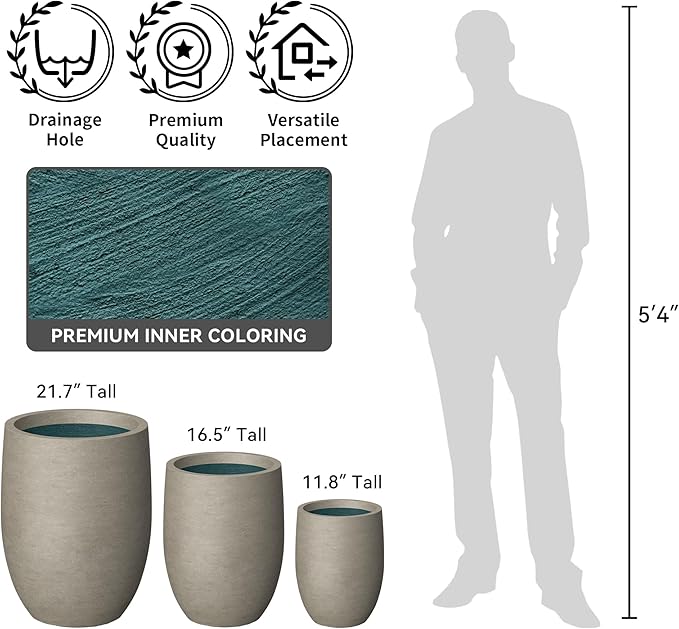 Kante 16.5 Inch Tall Concrete Planter, Large Indoor Outdoor Plant Pot with Drainage, Smooth Weathered Concrete Finish with Forest Green Interior, Ideal for Porch, Home, Garden, Patio