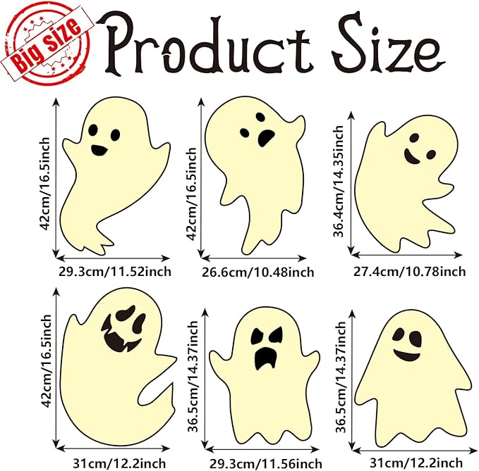 6Pcs Halloween Ghost Yard Stakes Glow in The Dark, 17"x12" Large Light Up Scary Ghost Decorations for Outdoor Lawn, Porch, Cemetery and Indoor Haunted House Displays, Waterproof and Easy Setup