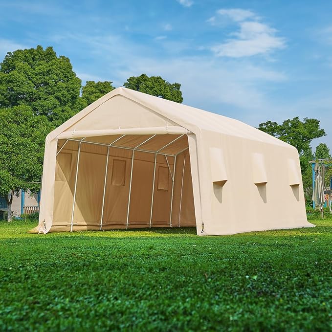 ADVANCE OUTDOOR 13x20 ft Garage Tent Carports with 2 Roll up Doors & Vents Outdoor Portable Storage Shelter for Vehicle Truck Boat Anti-UV Snow Resistant Waterproof, Beige