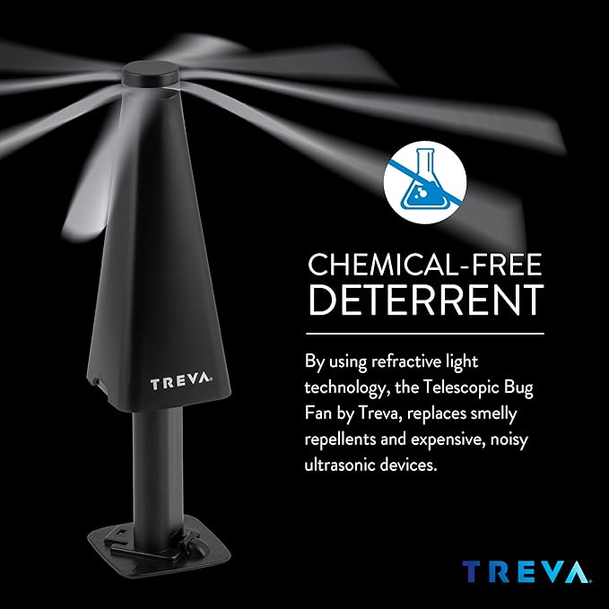 Treva Bug Fan Fly Deterrent with Adjustable Height and Holographic Blades, Telescoping Battery Powered Fly Fan to Clear Bugs, Mosquitoes, and Flies