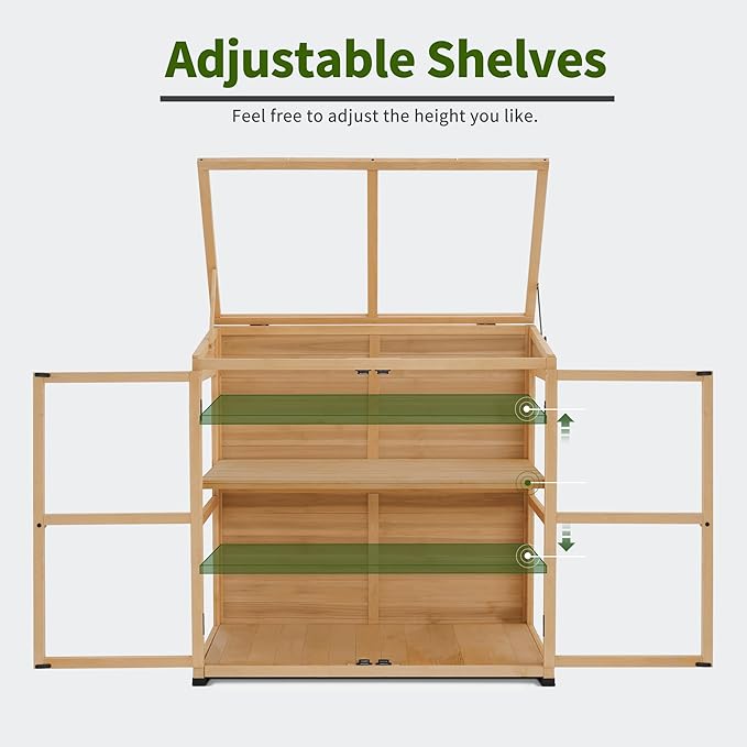 Macrout Wooden Cold Frame Greenhouse Cabinet Kit with Adjustable Shelf and Lockable Door, Fully Transparent Polycarbonate Greenhouse for Outdoor Indoor Use, 0718