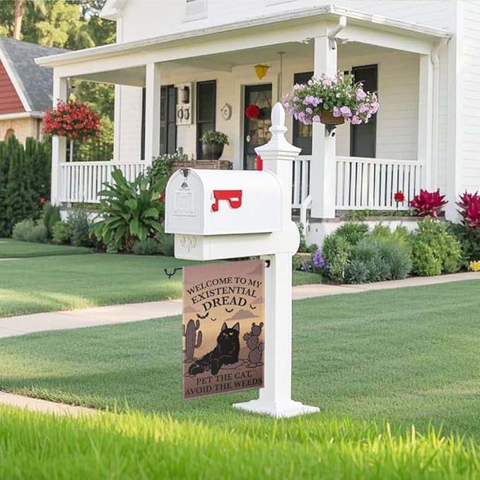 Welcome to My Existential Dread Pet The Cat Avoid The Weeds Garden Flag, Funny Bats Halloween Yard Sign for Outside, Cute Black Cat Fall Halloween Yard Decor, Housewarming Gifts for Pet Lover