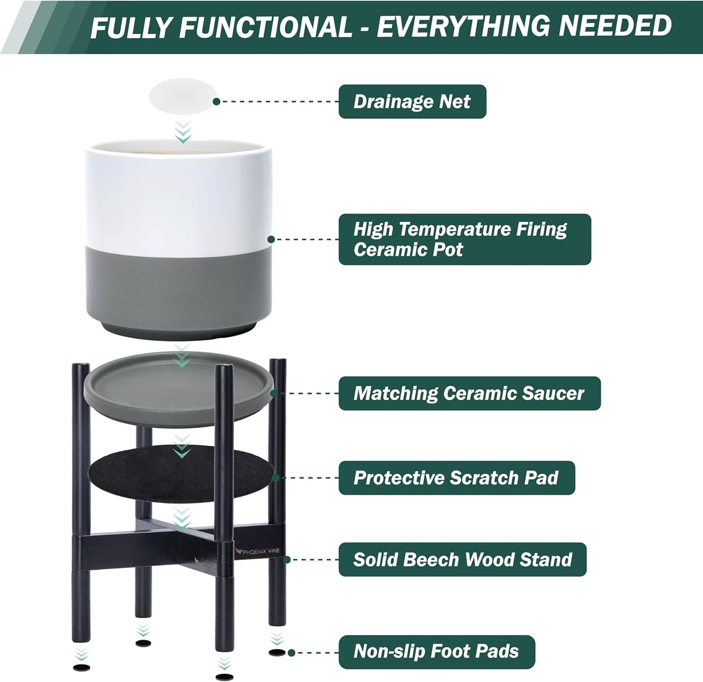 D'vine Dev Ceramic Planter with Ebony Stand - 12 Inch Modern Round Flower Pot with Wood Planter Holder, White/Grey, 55-B-H-6