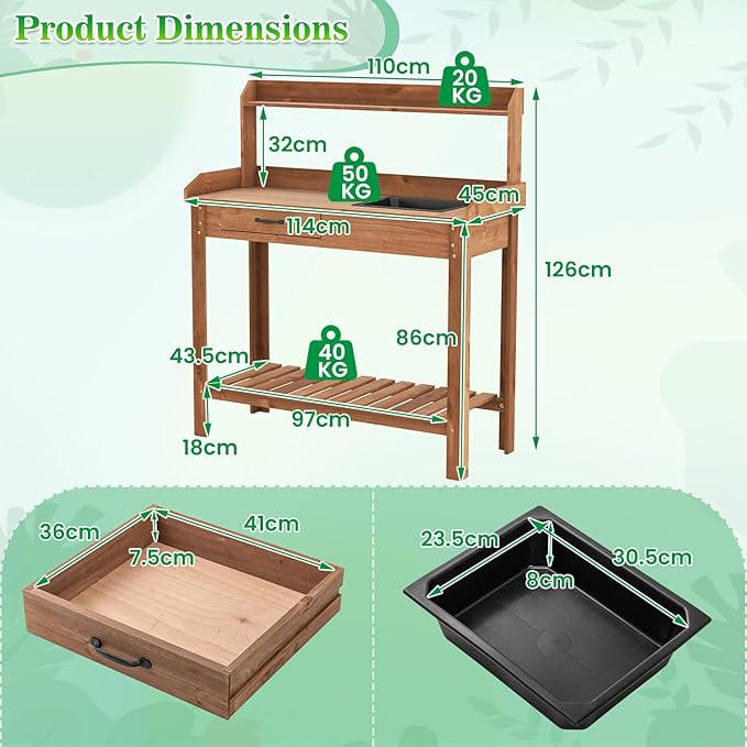 HAPPYGRILL Potting Bench Table, Wooden Work Bench with Removable Sink, Wood Garden Table with Storage Shelves, Drawer, Potting Benches for Outside, Patio Lawn Greenhouse