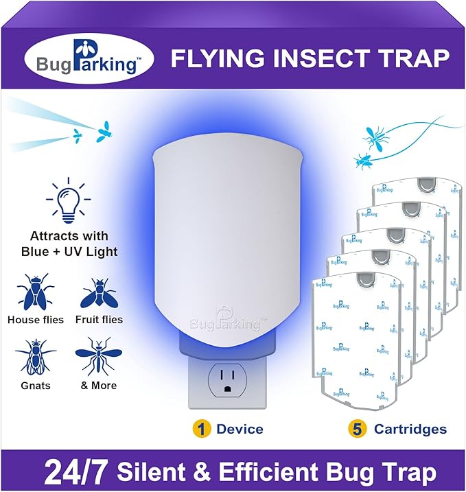 Flying Insect Trap for Indoors: Light Trap Captures Fruit Flies, Gnats, and Houseflies, Silent Bug Catcher with UV Light for Indoor-Plants, Kitchen, BUG PARKING 1 Plug-in Device + 5 Cartridge Refills