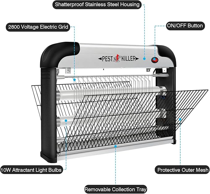 Indoor Electric Bug Zapper, 2800V Powerful Flying Insect Mosquito Killer w/ 20W Blue Light Attract, Plug-in Pest Control Machine for Moth, Fruit Fly, Fungus Gnat, Garage Bug Catcher/Eliminator/Trap