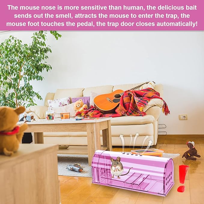 4 Pcs Humane Mouse Traps No Kill, Live Mouse Traps Indoor for Home, Reusable Mice Small Rat Trap Catcher for House & Outdoors(Pink)