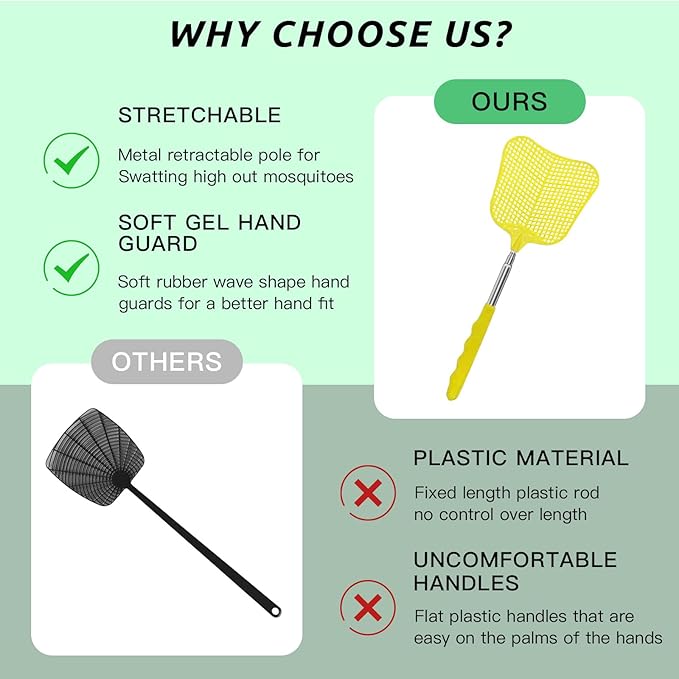 MYSTICHOME Fly Swatter 2 Pack, Durable Heavy Duty Plastic Fly Swatters, Stainless Steel Telescopic FlySwatter for Indoors/Outdoor/Kitchen/Garden (Yellow+Black)