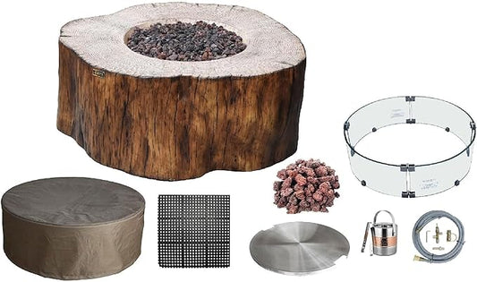 Elementi | Bundle Manchester Gas Fire Pit Cast Concrete Semi-Round Fire Table, Outdoor Fire Pit Electronic Ignition | Canvas Cover, Lava Rock Included | Red Wood | Natural Gas