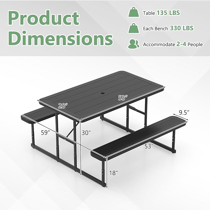 Tangkula Picnic Table, HDPE Outdoor Rectangular Table Bench Set with 2 Built-in Benches, Umbrella Hole, Metal Frame for 4 Person, Garden Yard Patio Lawn