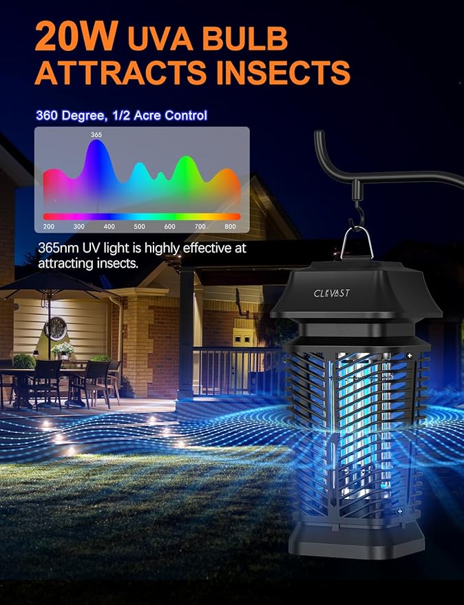CLEVAST Bug Zapper Outdoor - Electric Mosquito Zapper Indoor, Fly Traps with UV Light, Waterproof Flying Killer 4200V Insects Lamp for Patio, Yard, Garden, Porch