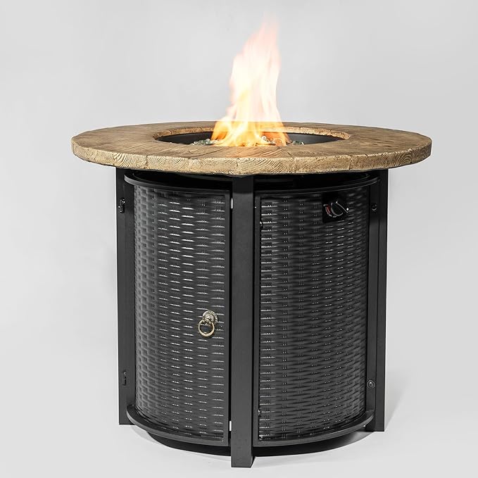 30'' Concrete Round Gas Fire Pit, 50,000 BTU Steel Outdoor Fire Tables, Fire Table with Lid, Add Warmth & Ambience to Gatherings and Parties On Patio Deck Garden Backyard.