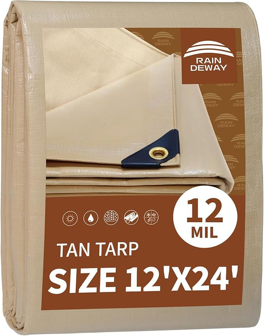 RAINDEWAY 12x24 Feet Heavy Duty Tarp,12 Mil Tan Waterproof Poly Tarp Cover,UV Resistant,Weatherproof,Durable,Multipurpose Tarps with Grommets and Reinforced Edges