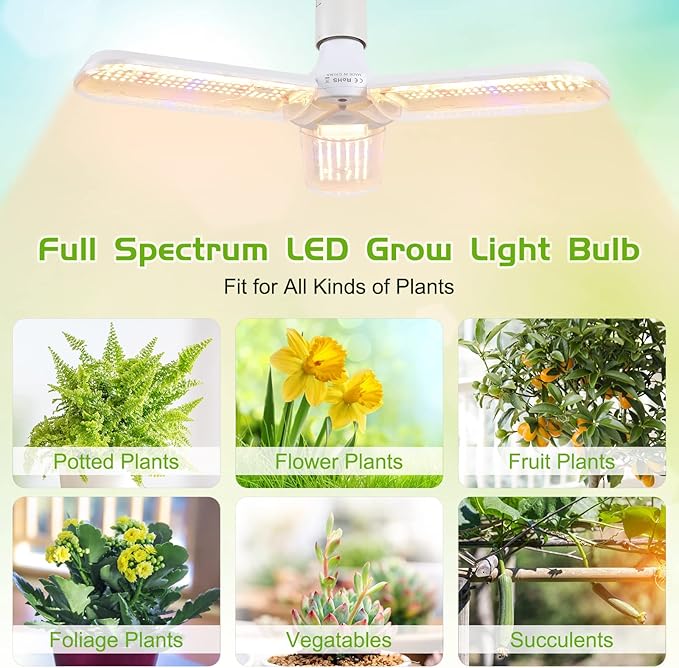 150W LED Grow Light Bulb - Full Spectrum Plant Growing Lamp for Indoor Plants 414 LEDs Light Bulbs E27 Base with Waterproof Foldable Three-Leaf Lamp Body for Hydroponics Garden Greenhouse Houseplants
