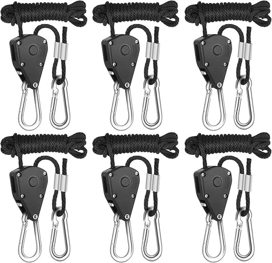 Rope Clip Hanger, 6 Packs 1/8 in Reinforced Adjustable Height Anti-Loose Design Gears Clip for Growing Light Fixtures, Hanging Plants, 8 FT Length 150lbs Weight Capacity
