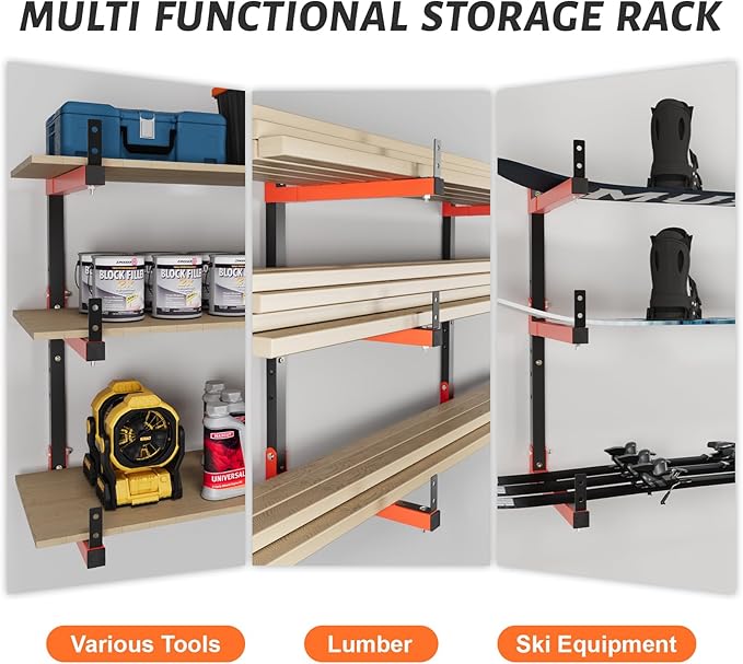 27" Lengthened Lumber Storage Rack Wall Mount, 6-Hole Adjustable Wood Organizer Folding Lumber Storage Metal Rack Outdoor Indoor(4 Pack)