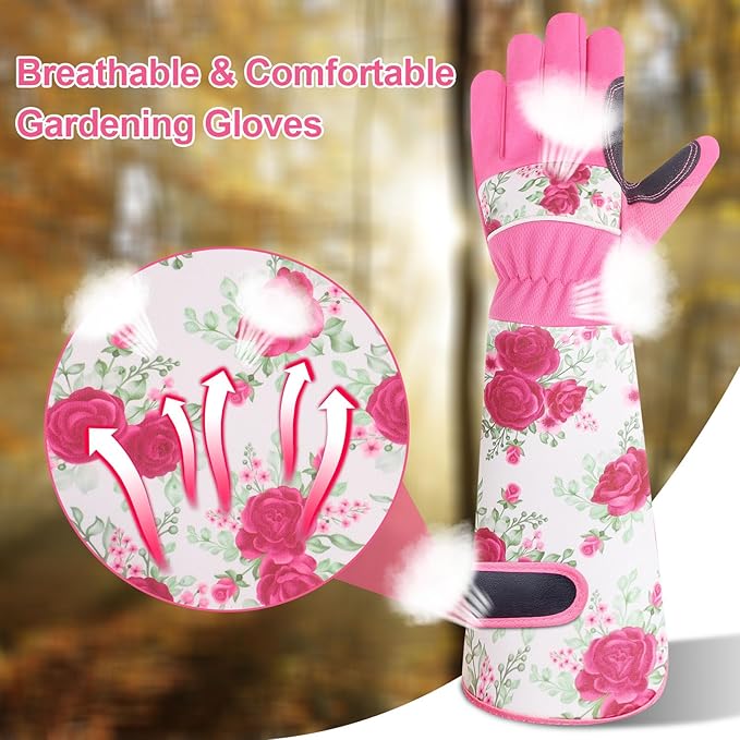 DLY Gardening Gloves for Women, Rose Gloves Gardening Thorn Proof, Long Garden Gloves for Women, Breathable & Durable Leather Gauntlet(Medium, Rose Red)