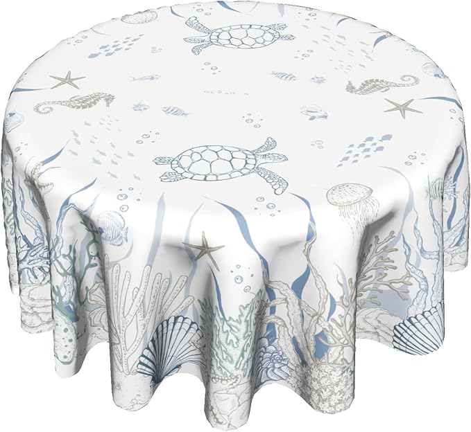 Giwawa Nautical Coastal Round Tablecloth 60 Inch, Ocean Sea Turtle Seahorse Coral Seaweed Starfish Washable Reusable Table Cover for Dining Room Party Picnic Dinner Decor
