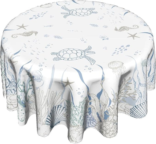 Giwawa Nautical Coastal Round Tablecloth 60 Inch, Ocean Sea Turtle Seahorse Coral Seaweed Starfish Washable Reusable Table Cover for Dining Room Party Picnic Dinner Decor