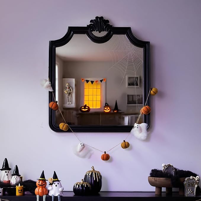 WDS WONDROUS Halloween Decoration-2 Pack Ghost Figurine & Pumpkin Statues for Indoor Mantle Shelf Sitters Table Decor, Cute Resin Pumpkin Ghost Sculpture with Hats, Legs and Broom, Spooky Gift