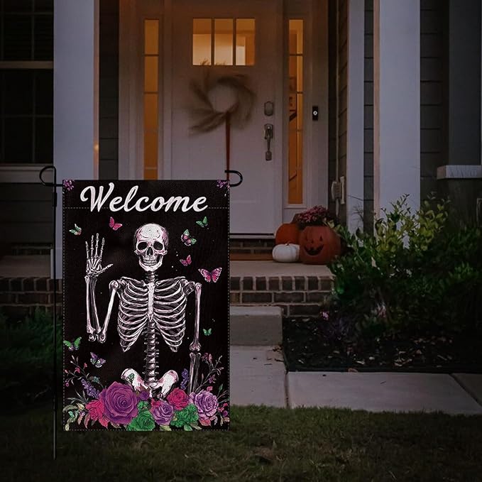 Halloween Garden Flag 12 x 18 Inch Double Sided Skeleton Rose Butterfly Designs Welcome Fall Autumn Burlap Yard Flag for Outside Rustic Yard Outdoor Holiday Home Decoration
