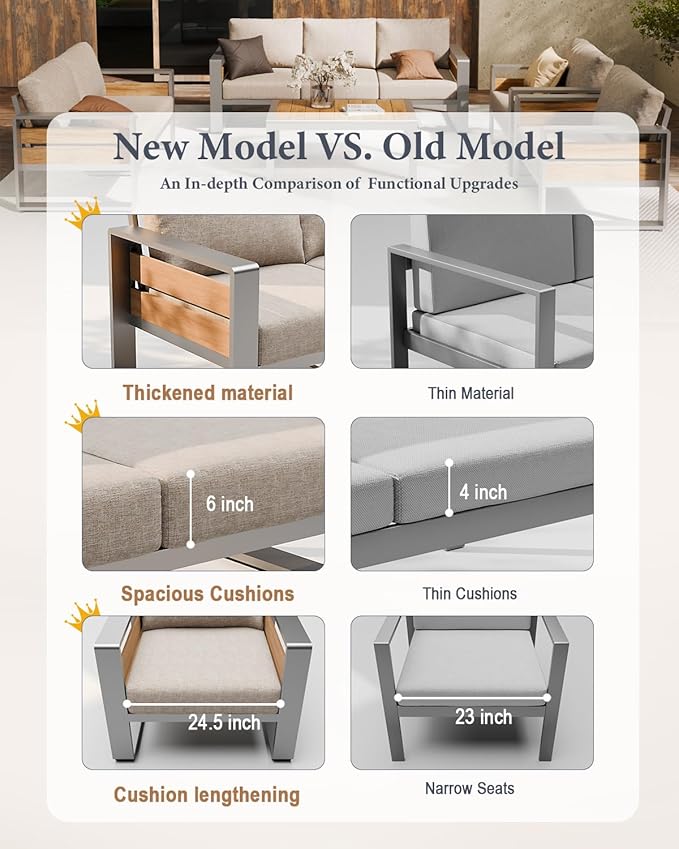 ZANDOR Outdoor Patio Conversation Sets, 4-Piece Aluminum Metal Outside Sectional Lawn Furniture with Coffee Table & Washable Thick Cushions,Seating Sofa for Garden/Backyard/Porch, Grey