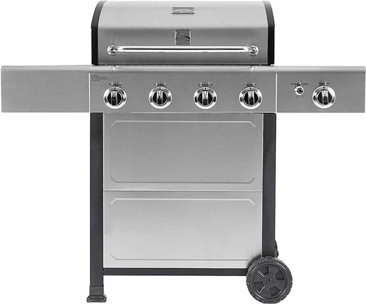 Kenmore 4-Burner Gas Grill with Side Burner, Outdoor BBQ Grill, Propane Gas Grill, Cast Iron Cooking Grates, Electronic Ignition, Warming Rack, Open Cart Design, 53000 BTUs, Stainless Steel