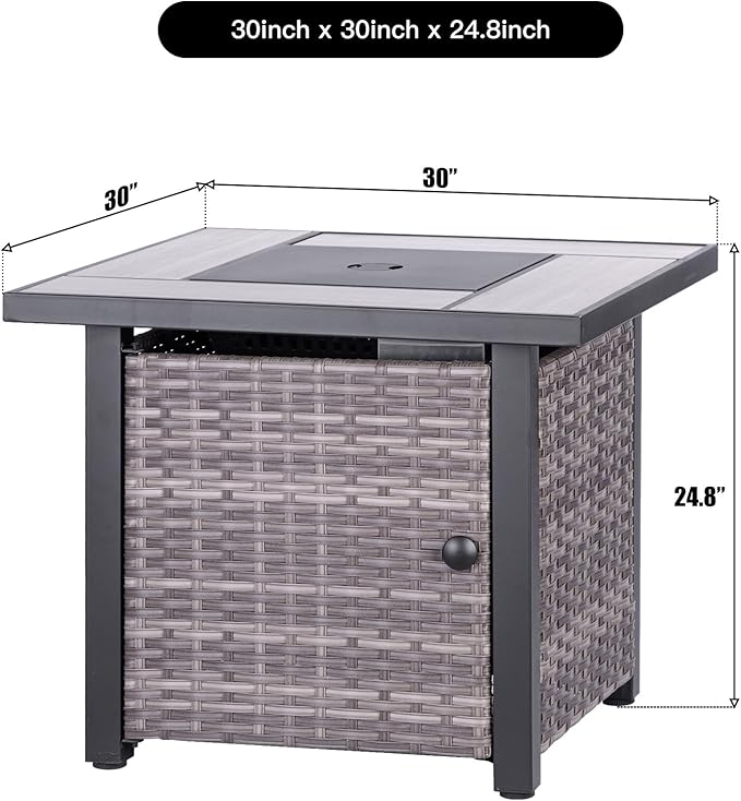30" Propane Fire Pit Table with Real Ceramic Tabletop & Ratten Side Panel, 50000 BTU Gas Firepit Table with Lid & Glass Rock, Outdoor Fire Pit for Dining or Party, Firepit for Outside, Patio