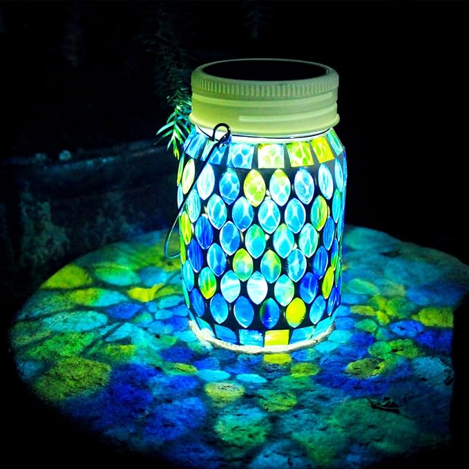 Mosaic Garden Decor Solar Outdoor Hanging Lights,Solar Mosaic Lanterns Christmas Gifts for Women Mom Grandma Halloween and Garden,Patio,Pathway & Yard Décor (Bule)