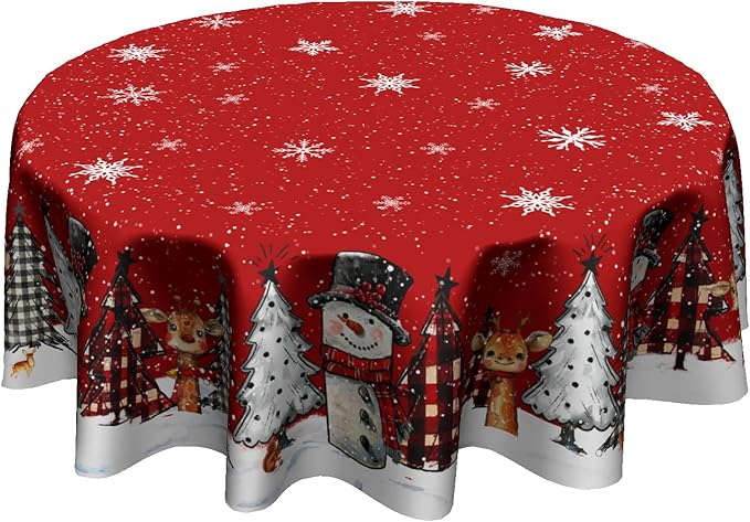 Christmas Round Tablecloth 60 Inch,Xmas Snowman Snowflakes Red Farmhouse Reusable Washable Polyester Table Cover for Kitchen Holiday Party Outdoor Dining Room Home Decor Gift