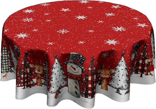 Christmas Round Tablecloth 60 Inch,Xmas Snowman Snowflakes Red Farmhouse Reusable Washable Polyester Table Cover for Kitchen Holiday Party Outdoor Dining Room Home Decor Gift