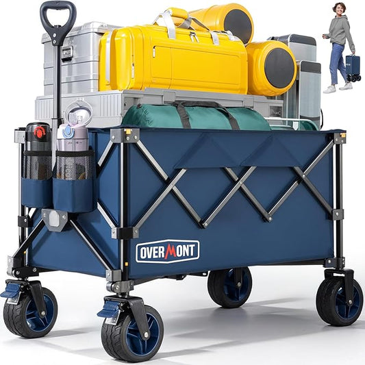 Overmont Ultra-Compact Collapsible Wagon Cart - 200L Portable Folding Wagon with All-Terrain Wheels Utility for Beach, Grocery Shopping, Camping, and Gardening – 330lbs Load Capacity Blue