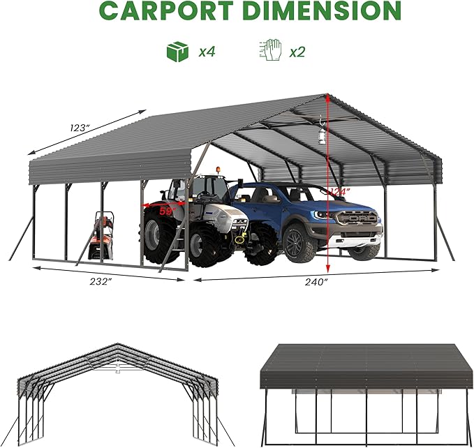 Carports 20x20 Heavy Duty,Metal Carport with Reinforced Structrure and Base,Outdoor Garage Car Shelter Frame for Pickup, Boat, Car and Tractors