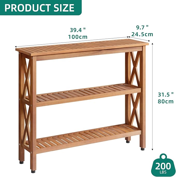 YITAHOME Solid Wood Outdoor Console Table, 39'' Acacia Wood Outdoor Bar Table with 3-Tier Storage Shelf, X-Frame Design and Adjustable Foot Pads for Garden Patio Balcony and Indoor, Natural