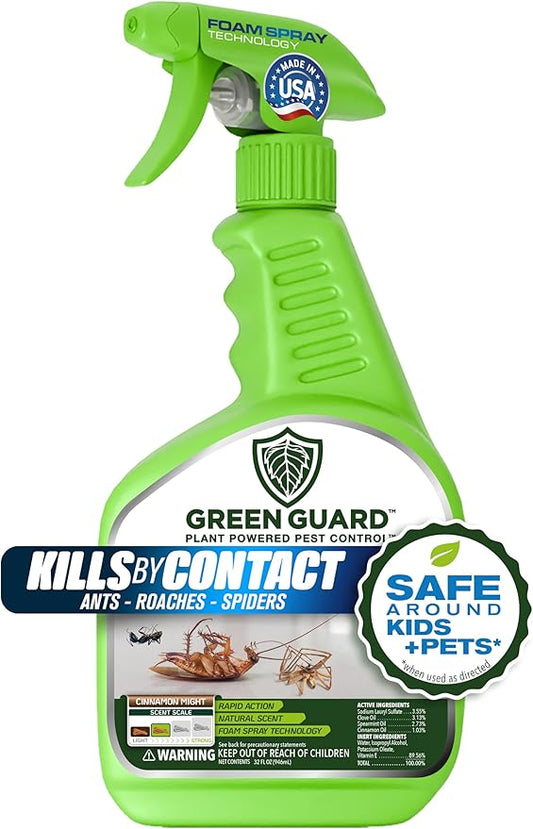Green Guard Pest Control Spray - Indoor & Outdoor Killer of Ants, Roaches, Spiders & Other Crawling Insects, Safe Around Children & Pets, Plant-Based, Pleasant Scent (Cinnamon Might, 32oz)