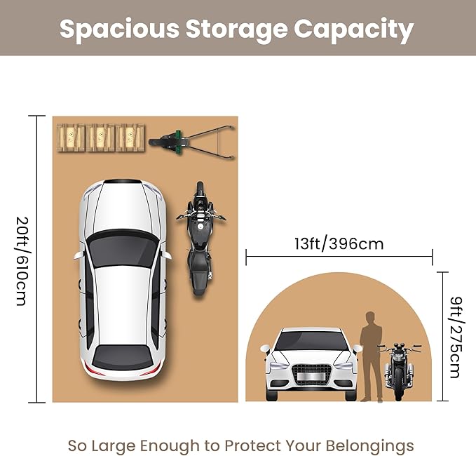 SUNBURY Carport, Round Portable Garage, Outdoor 13x20 ft Heavy Duty Carport, Tensioner and 2 Roll Up Doors Waterproof PE Fabric Car Port, Garage, Storage Shed, Tent for Storage, SUV, Brown