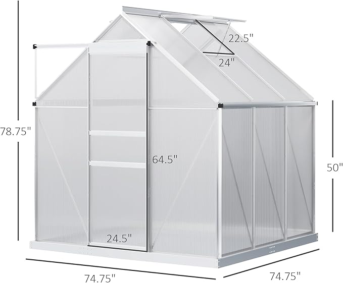Outsunny 6' x 6' x 6.5' Polycarbonate Greenhouse with Adjustable Roof Vent, Walk-in Heavy Duty Green House Kit with Aluminum Frame, Sliding Door and Rain Gutter for Winter, Silver