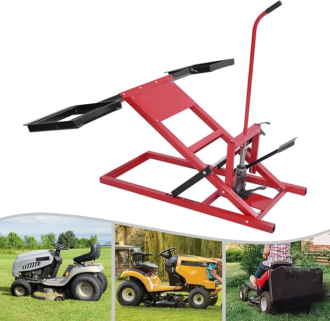 Lawn Mower Lift with Hydraulic Jack 500 Lbs Weight Capacity, Solid Carbon Steel Lawn Mower Lift, Adjustable Wheel Span Lawn Lifter for Riding Tractors and Zero Turn Lawn Mowers (Black+Red)
