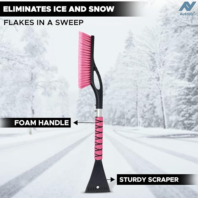 27" Car Snow Brush and Ice Scrapers for Car Windshield (2 Pack), Window Scraper with Ergonomic Foam Grip, Snow Removal for Car, Must Have Winter Car Accessories (Green and Pink)