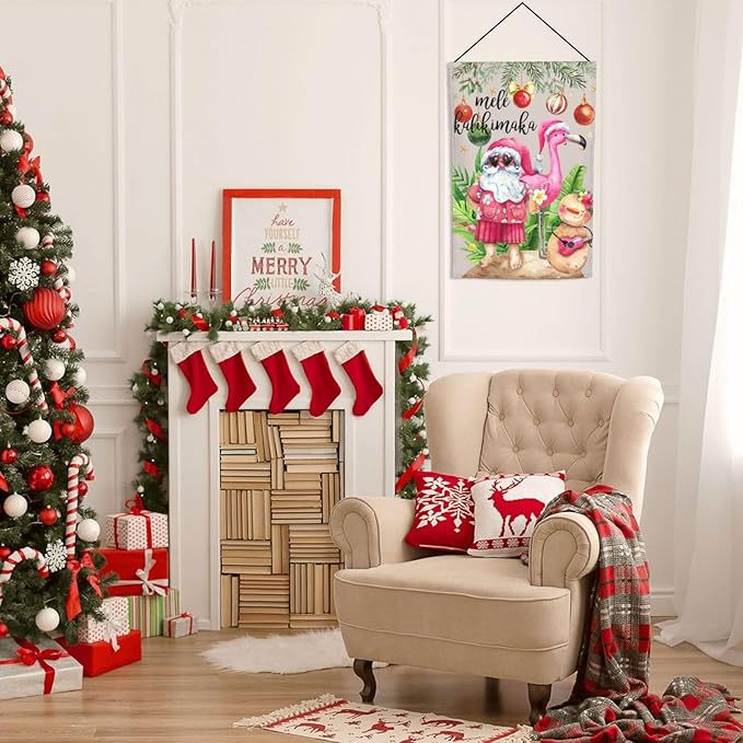 Santa Mele Kalikimaka Flamingo Christmas Hawaii Garden Flag Welcome Party Outdoor Outside Decorations Picks Home House Garden Yard Decor 12x18 Inch