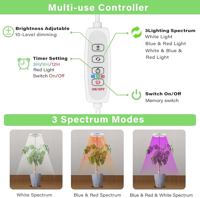 Grow Light for Indoor Plants with Tripod Stand, Full Spectrum Plant Lamp 61" Tall Halo Grow Lights for Plant with Automatic Timer, 72 LEDs Plant Light Height and Brightness Adjustable